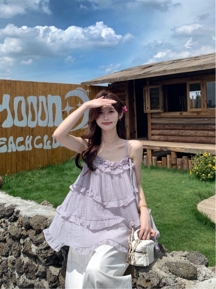 Xù Lông Tím Yếm Nữ Thu Đông Mới Ngắn Áo Khoác Ngoài Không Tay Lộ Xương Đòn Hàng Đầu Hợp Thời