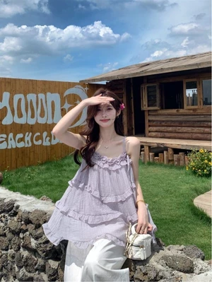 Xù Lông Tím Yếm Nữ Thu Đông Mới Ngắn Áo Khoác Ngoài Không Tay Lộ Xương Đòn Hàng Đầu Hợp Thời