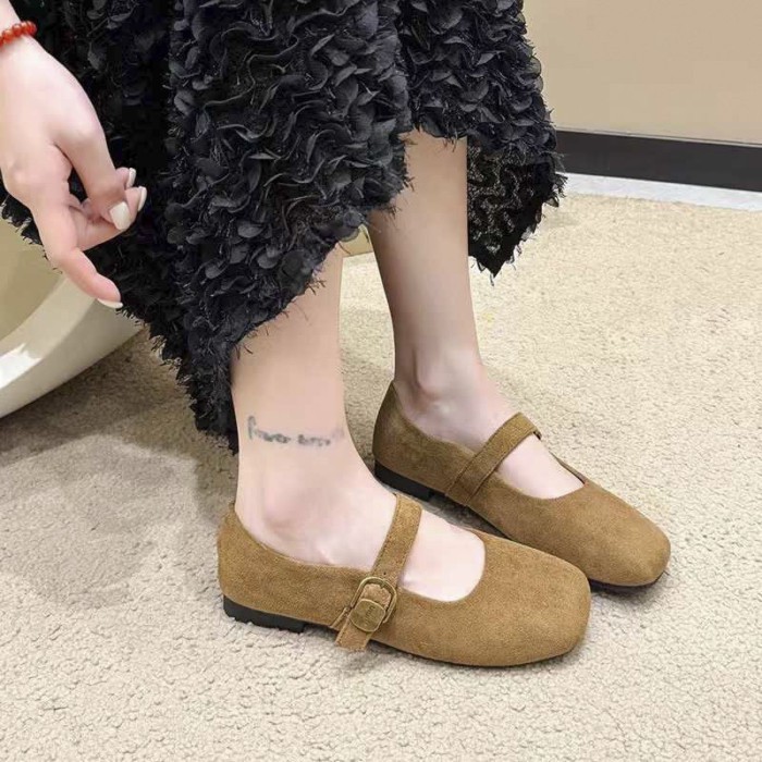 Giày đơn nữ, Giày nữ đế bệt miệng nông phong cách retro, Giày da lộn mũi vuông mới của Pháp, Già