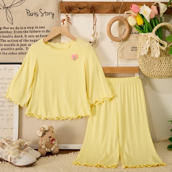 Modal phù hợp với quần áo mặc ở nhà trẻ em quần chín điểm Bộ hai mảnh mùa hè mỏng bé gái đồ n