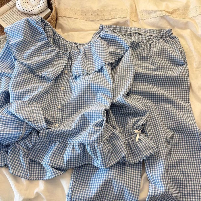 Bộ đồ len kẻ sọc ngọt ngào cao cấp Hàn Quốc Bộ đồ ngủ cardigan cổ búp bê dễ thương rộng rãi v