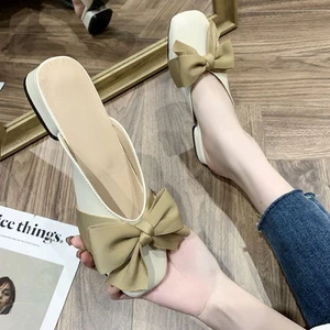 Thời trang Mũi Nơ Nửa Dép Áo khoác ngoài nữ Mùa Hè Gót Dày Mũi Vuông Đa Năng Con La Gót Thấp