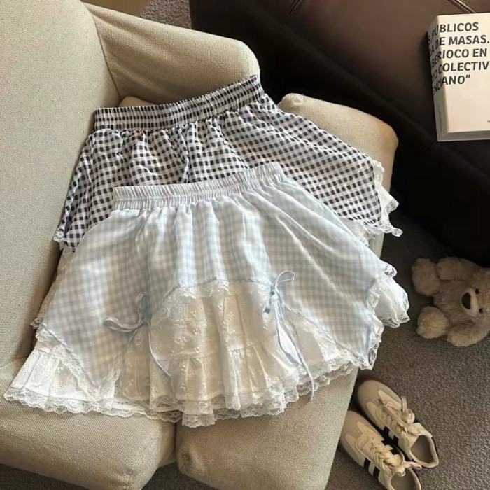 Váy ngắn phồng phối ren nơ ngọt ngào dành cho nữ có eo đàn hồi Váy chữ trẻ em vừa và lớn