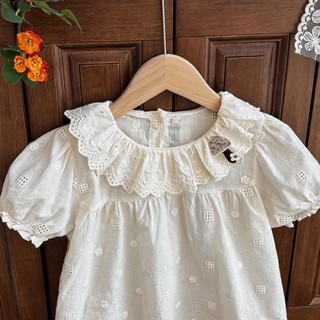 Áo sơ mi ren cổ lọ ngắn tay dành cho bé gái mùa hè có đế bằng vải cotton dành cho trẻ sơ sinh