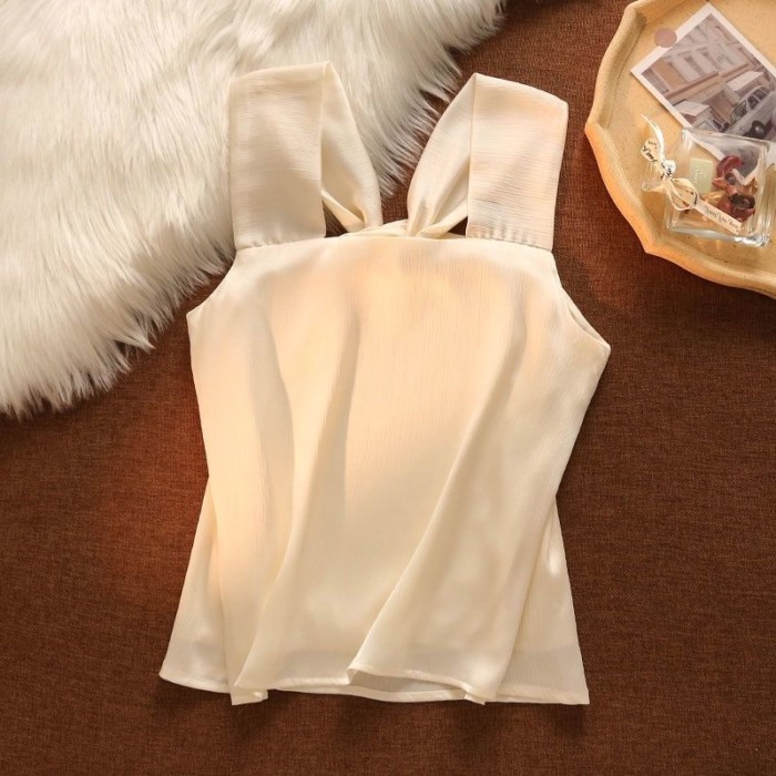 Lan ~ Áo Vest Cổ Chữ Thập Mùa Hè Nữ Mặc Bên Ngoài Gợi Cảm Ngọt Ngào Cô Gái Ôm Hơn Nhìn Bên Trong Dây Không Tay Ngắn Top