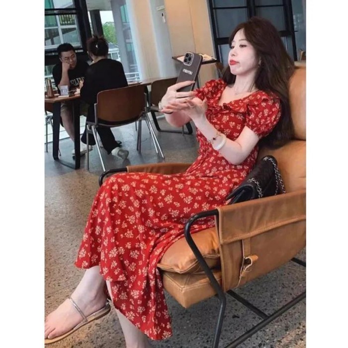 Tea break Váy voan hoa cổ chữ V màu đỏ kiểu Pháp dành cho nữ, váy cúp eo siêu xinh và thanh l