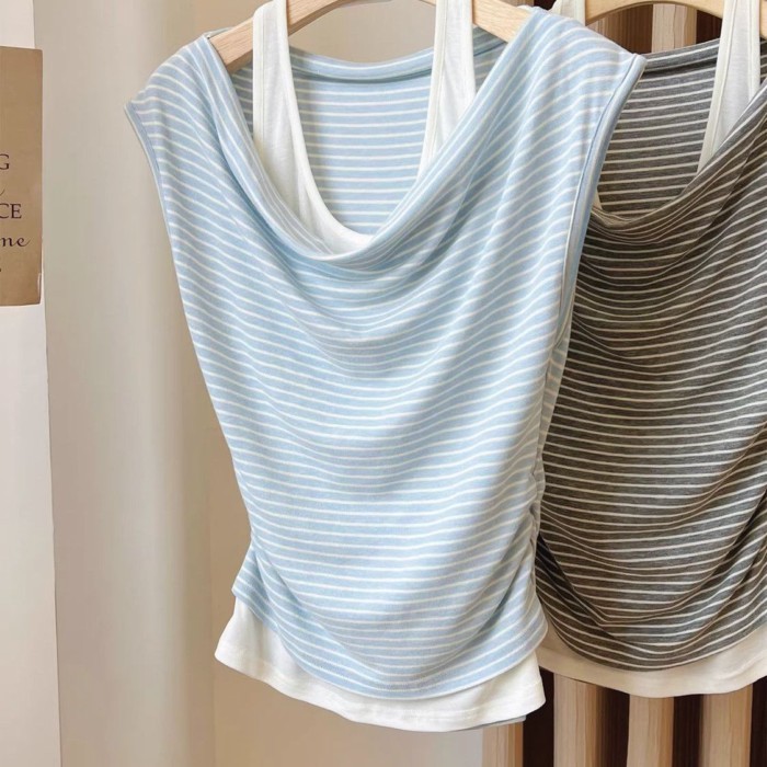 Lan ~ Áo Vest Sọc Nữ Mùa Hè Mặc Bên Ngoài Thiết Kế Mùa Hè Cảm Giác Xếp Ly Hẹp Cổ Dây Giả Hai Mảnh Áo Thun Không Tay Áo Thun
