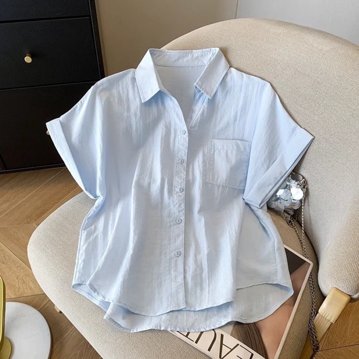 áo sơ mi ngắn tay cổ polo màu xanh cho nữ mùa hè mới rộng rãi và đa năng áo sơ mi siêu đẹp