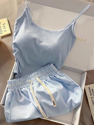 bộ đồ ngủ nhỏ có dây đeo sọc xanh tươi mới dành cho nữ mùa hè phong cách mới vest quần short mặc