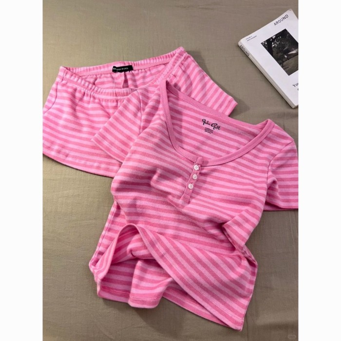 Mỹ nguyên chất ham muốn sọc hồng cổ tròn nút Bộ đồ ngủ cho nữ mùa hè mới quần short ngắn tay