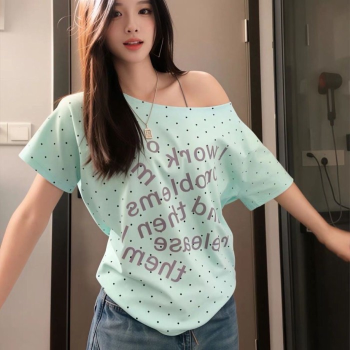 Áo thun nữ tay ngắn in chữ chấm bi  dành cho nữ, lệch vai sóng một vai lệch vai mùa hè theo ph