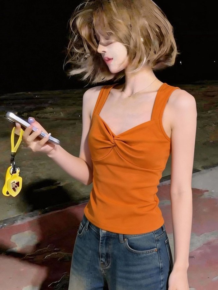 Lan ~ Áo yếm màu cam Kinked đẹp mắt dành cho nữ đầu mùa hè có thể mặc bên ngoài Slim-fit Crop Eo Áo không tay