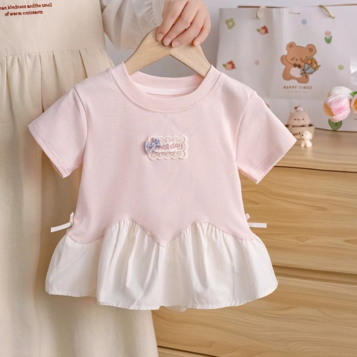 mẫu áo thun ngắn tay cổ tròn ngọt ngào dành cho bé gái mùa hè mới Áo thun viền lớn viền dễ thươn