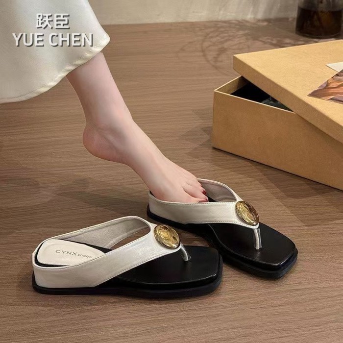 Lan ~ Pháp Retro Khóa Kim Loại Nêm Gót Chân Flip-Flops Nữ Mùa Hè Phong Cách Mới Bên Ngoài Mặc Thường Ngày Dép Chống Trơn Trượt Dép