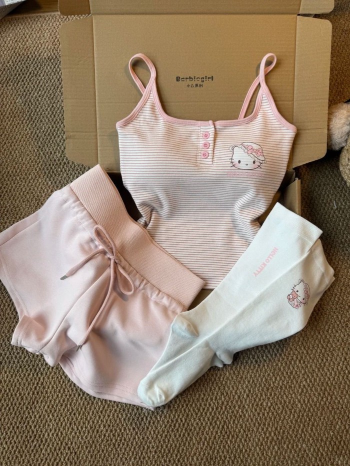 Sweet Hello Kitty treo đồ ngủ cho nữ mùa hè mới sọc hồng áo vest quần short mặc nhà có miếng