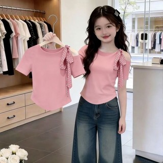 Áo thun cotton ngắn tay mùa hè cho bé gái từ trung đến lớn thiết kế lệch vai, áo ngoài dáng ôm vừa
