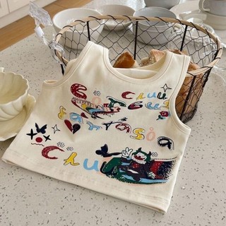 Áo vest hình chữ graffiti cho bé gái và bé trai áo cotton có dây treo ngắn không tay thời trang mùa
