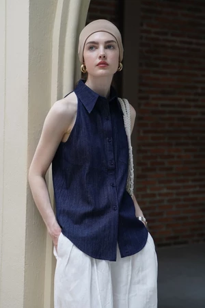 Áo vest không tay phong cách retro kiểu Pháp niche áo sơ mi màu xanh đậm thời trang