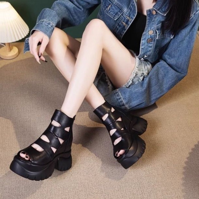 Giày sandal ngoài bằng da mềm mùa hè, giày cao gót đế bệt đa năng, giày nữ, giày La Mã rỗng đế dày
