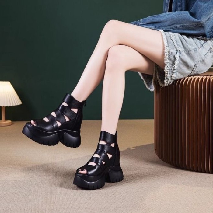 Giày sandal ngoài bằng da mềm mùa hè, giày cao gót đế bệt đa năng, giày nữ, giày La Mã rỗng đế dày