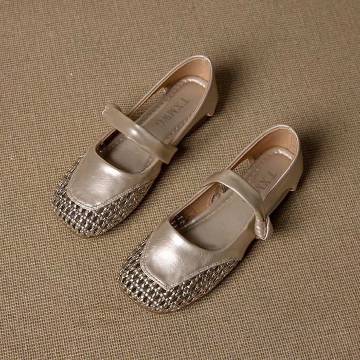 Giày sandal rỗng mũi vuông bện kiểu Pháp dành cho nữ mùa hè giày đế dày một dây Mary Jane
