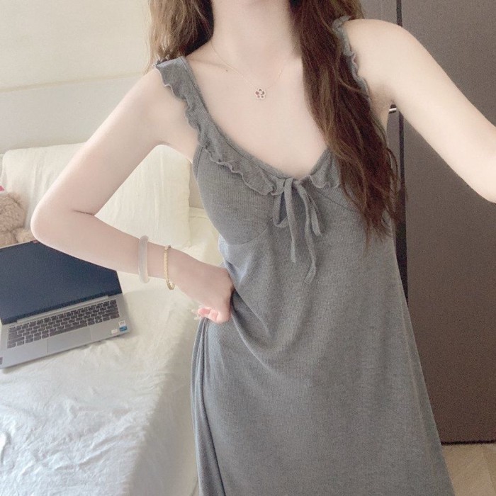 Váy ngủ nữ kiểu mới có dây đeo màu xám, kiểu dáng thon gọn và lười biếng, khát khao thuần khi