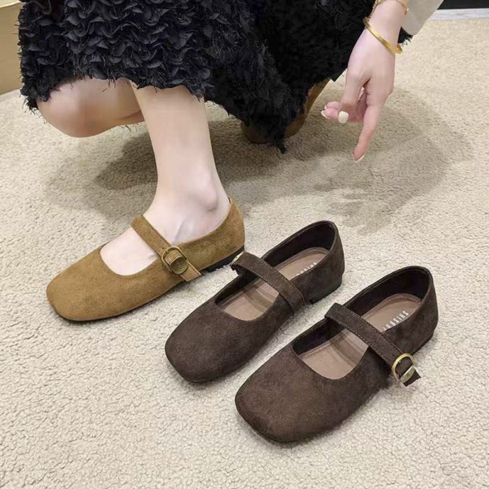 Giày đơn nữ, Giày nữ đế bệt miệng nông phong cách retro, Giày da lộn mũi vuông mới của Pháp, Già