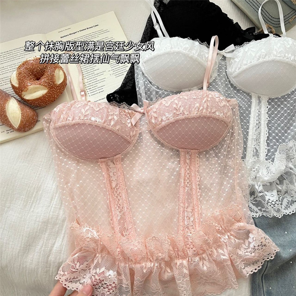 Xương Cá Ống Top Vest Có Miếng Lót Ngực Cô Gái Có Phối Cảnh Gợi Cảm Chấm Bi Lông Tơ Ren Ngọt Ngào Sling