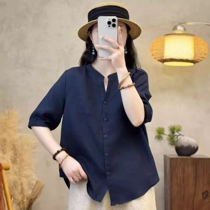 Áo sơ mi sạch sẽ ngắn tay bằng cotton và vải lanh cho nữ, áo sơ mi ôm một bên ngực, áo len dáng rộn