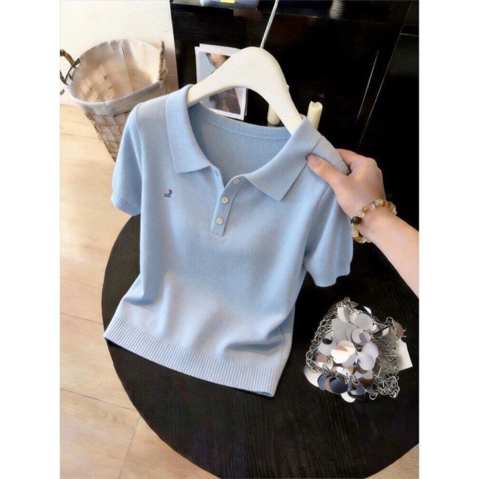 Áo sơ mi polo thêu nửa ngực màu xanh da trời Áo thun ngắn tay dành cho nữ Áo thun đa năng thô