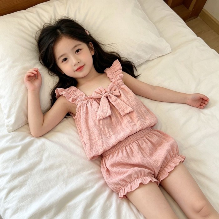 Bộ Đồ Ngủ Trẻ Em Dây Treo Mùa Hè Bé Gái Nơ Phong Cách Hàn Quốc Phong Cách Công Chúa Dễ Thương