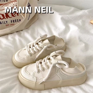 Giày đế bằng màu trắng, giày vải cho nữ, giày hai dây, đế trong, đa năng, mỏng, thoáng khí, c