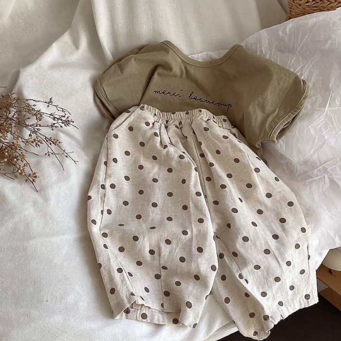 Quần cotton lanh chấm bi bé gái Hàn Quốc, quần ống rộng ống rộng thoải mái cho bé gái mùa hè