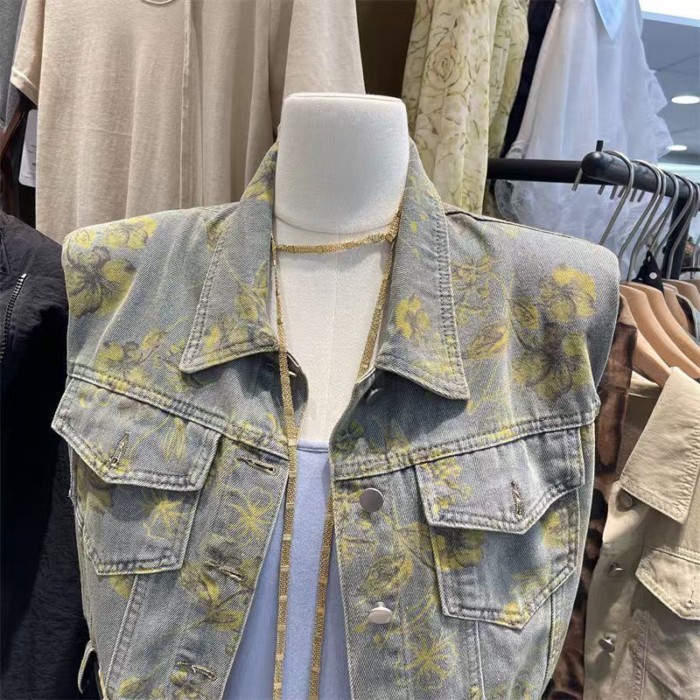 Áo vest denim hoa retro, thiết kế ngắn tay, phù hợp mùa hè