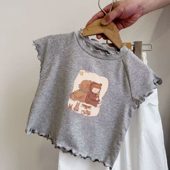 Áo thun cotton ngắn tay bé gái mùa hè hoạt hình phong cách mới phong cách nước ngoài nấm áo đ