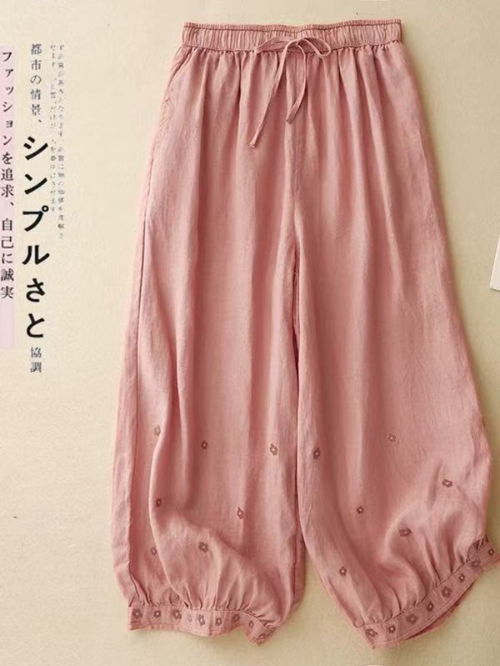 quần âu phong cách mùa hè mới dành cho nữ, nghệ thuật retro thêu màu trơn lưng thun rời quần chí