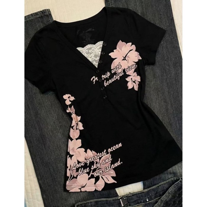 Mỹ Retro Giả 2 Vintage Thoáng Mát Hottie Ren Gothic Punk Slim Áo Thun Tay Ngắn Cổ Điển Hàng Đ