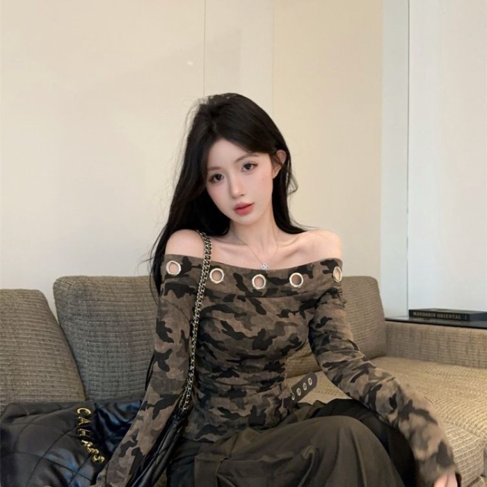 Lan Áo Sơ Mi Một Vai Phong Cách Retro Slim, Thiết Kế Ngụy Trang Dây Chéo Bả Vai