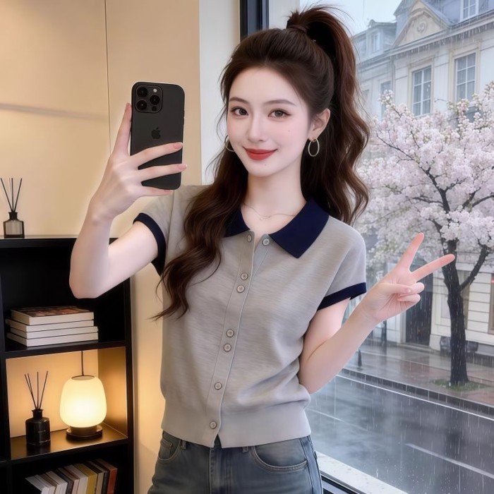 Màu sắc tương phản Hàn Quốc cổ polo ngắn tay băng lụa dệt kim cardigan nữ tính cài nút mỏng