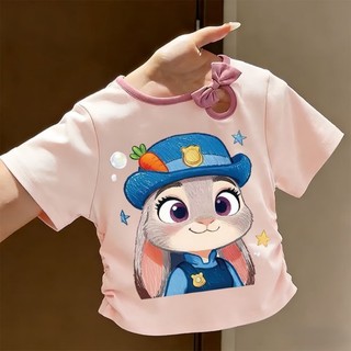 Áo thun Zootopia Judy dành cho trẻ em và trung niên phong cách mùa hè bé gái nơ ngắn tay phong cách