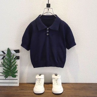 Bé Trai Màu Ice Silk Polo Dệt Kim Top Mùa Hè Ngắn Tay Áo Thun Mỏng Đa Năng Cổ Ve Áo Sơ Mi