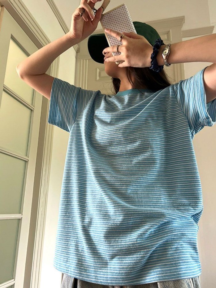 thêu chữ cái áo thun sọc ngắn tay thương hiệu Mỹ áo rộng thùng thình
