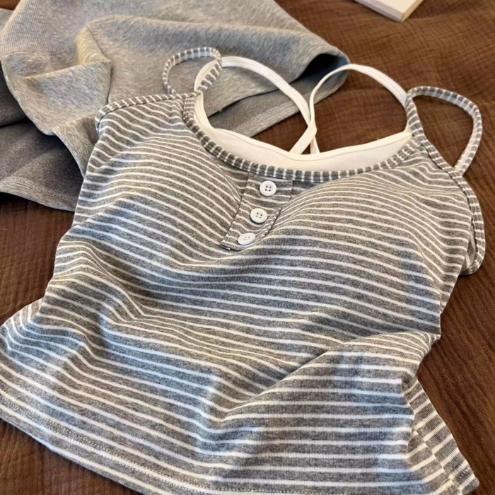 Bộ đồ ngủ có dây đeo nút sọc xám phong cách Hàn Quốc mùa hè thoải mái và quần short vest thời