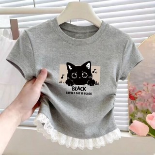 Áo ren nối mùa hè cho bé gái phong cách Hàn Quốc tay ngắn in hoạt hình thiết kế xếp ly dáng ôm vừa