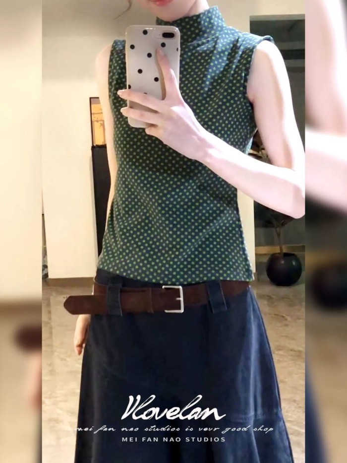 Lan ~ Retro Chấm Bi In Hình Nửa Cổ Rùa Áo Vest Không Tay Nữ Mùa Hè Tính Khí Slim-fit Ôm Hơn Nhìn Đi Lại Top