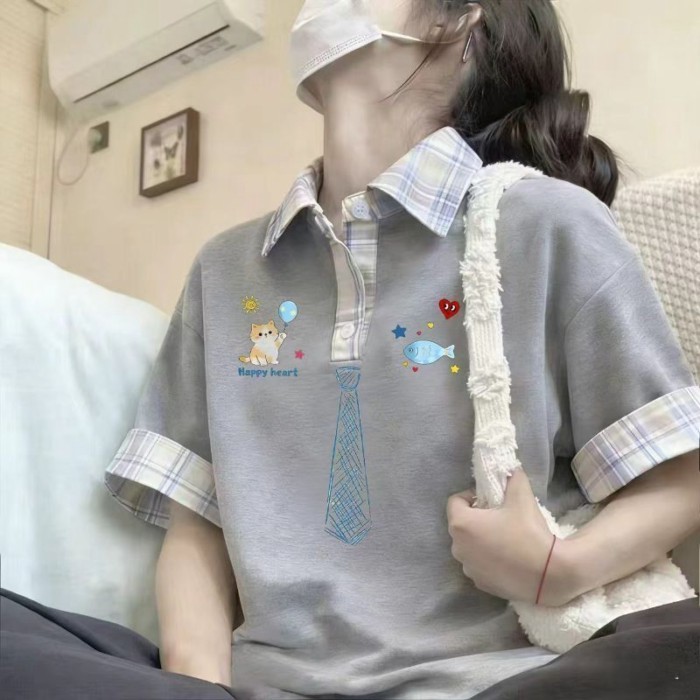 Mèo dễ thương in hình cá kẻ sọc áo sơ mi polo dành cho nữ mùa hè đại học phong cách dáng rộng áo th