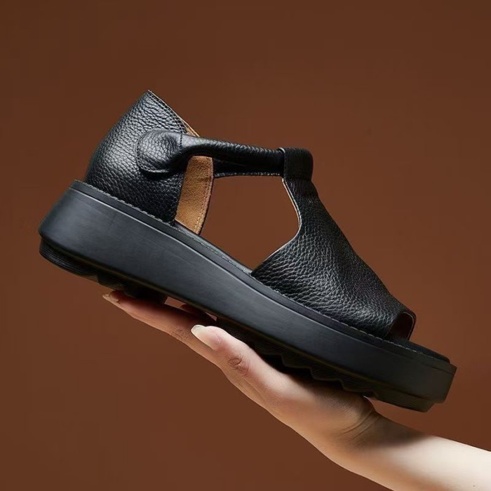 Dép da mềm mùa hè dành cho nữ Dép đế bằng Velcro đế mềm hở mũi thông thường dành cho nữ Giày La Mã