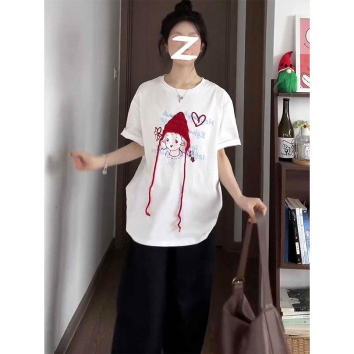 Áo thun ngắn tay dệt kim ba chiều Cô bé quàng khăn đỏ ngọt ngào và dễ thương dáng rộng giản d