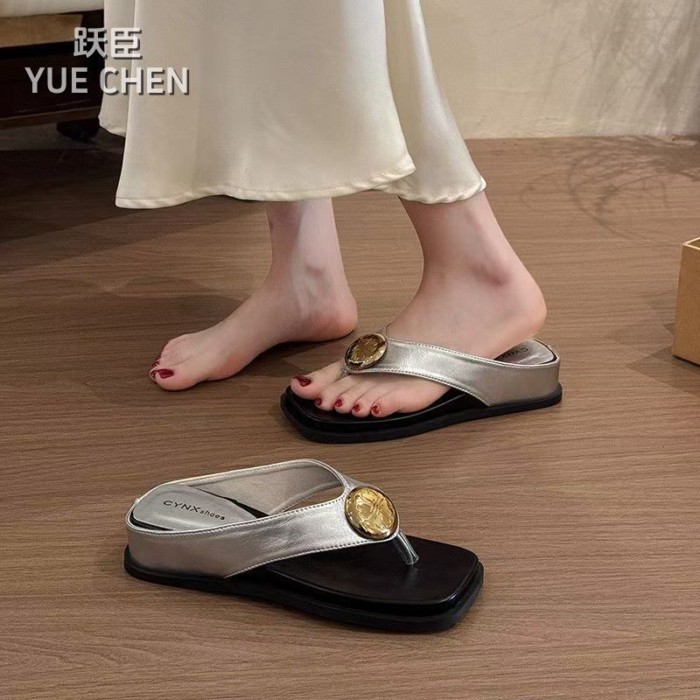 Lan ~ Pháp Retro Khóa Kim Loại Nêm Gót Chân Flip-Flops Nữ Mùa Hè Phong Cách Mới Bên Ngoài Mặc Thường Ngày Dép Chống Trơn Trượt Dép