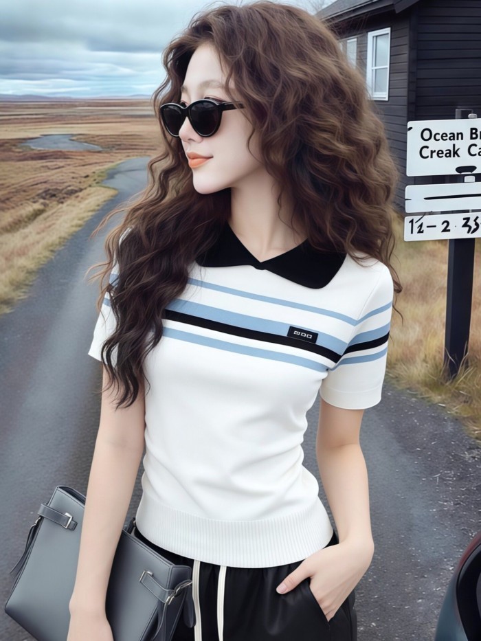 Áo thun dệt kim ngắn tay cổ búp bê sọc màu tương phản mùa hè dành cho nữ sinh viên độc đáo và đẹp m